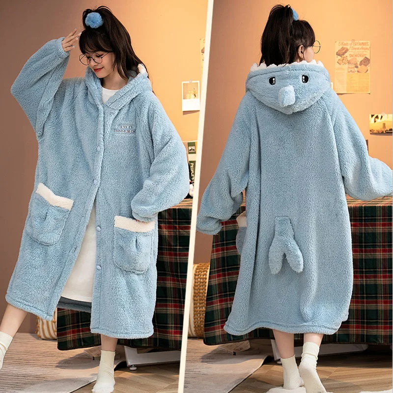 Cartoon Cosplay Shark Bathrobe Suit For Women Girls Hooded Pajamas Set Flannel Robe Sets Thick Dressing Gown Winter Nightgowns