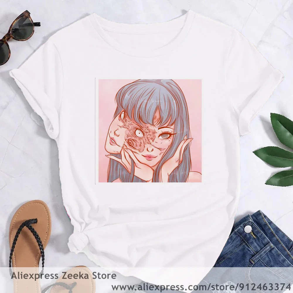 Женская футболка с забавным принтом Junji Ito Tomie Shintaro Kago базовая белая Y2K круглым