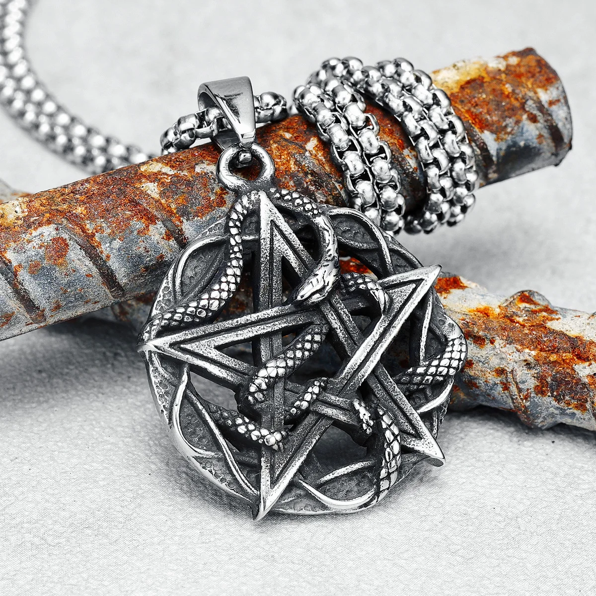 

Pentagram Snake Men Necklace Retro Twine Geometry 316L Stainless Steel Pendant Chain Rock Punk Rap for Biker Male Jewelry Gift