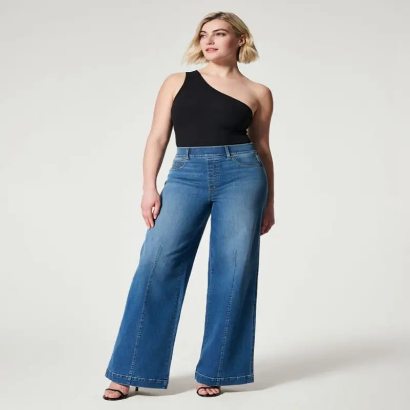 

Широкие джинсы со швами спереди, прямые женские джинсы, стильные Стрейчевые мешковатые джинсы с высокой талией, винтажные штаны цвета индиг...