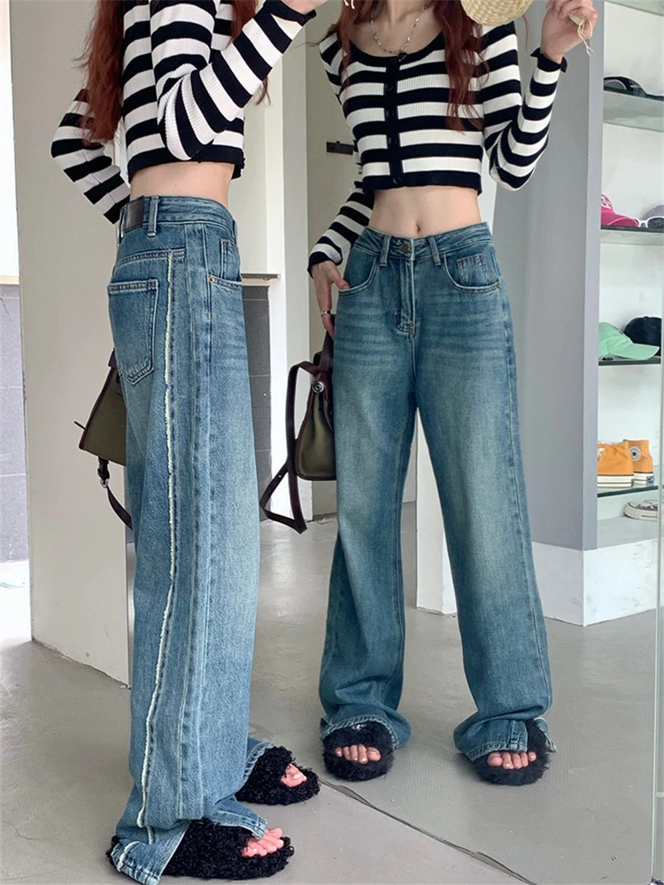

Vintage Blue Loose Wide Leg Split Jeans Women's Spring Autumn New Street Style Casual Fashion Straight Denim Trousers Female