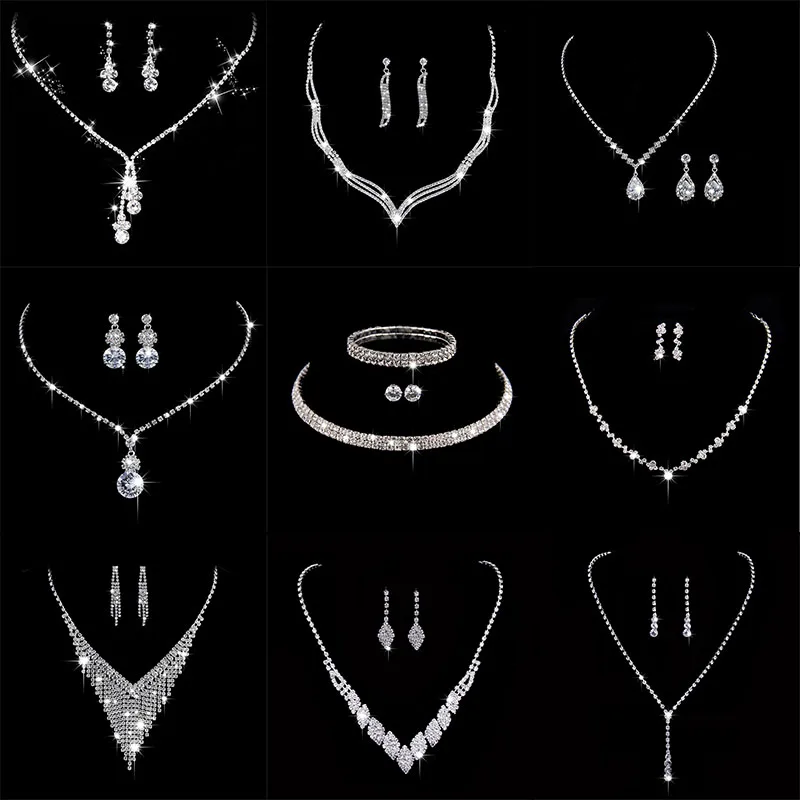 

New Fashion Crystal Bride 2 Piece Set Rhinestone Wedding Dress Party Necklace Earring Set Women's High Grade Jewelry Gift