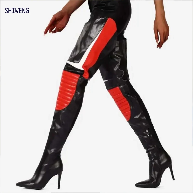 2025 женские сапоги пикантные лоскутные выше колена на высоком каблуке большие