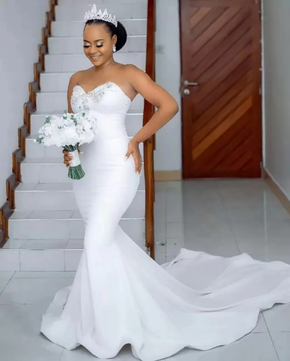 

Roseca Ye Africa Glamorous Brides Mermaid Wedding Gowns Sleeveless Sweetheart Neck White Bridal Dresses Robe De Soirée Mariage
