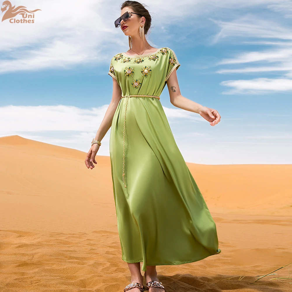 2024 женское платье макси с короткими рукавами и бриллиантами летний кафтан Дубай