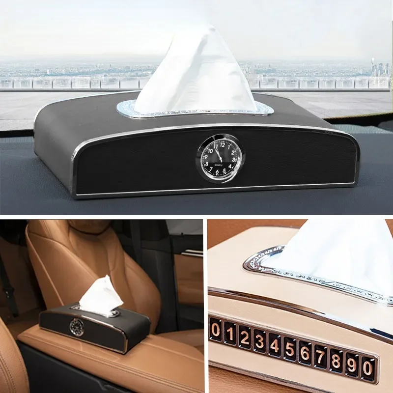 

Tissue Box for Car Napkin Holder Automatic Case Scarf Boxes with Clock and Temporary Parking Card Car Accessori
