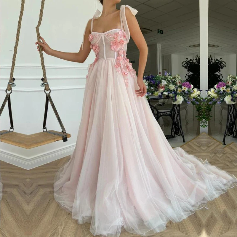 

GUXQD Pink Fairy Prom Dresses Appliques 3D Flowers Spaghetti Straps Tulle Evening Gown Celebrity Party Dress for Graduation