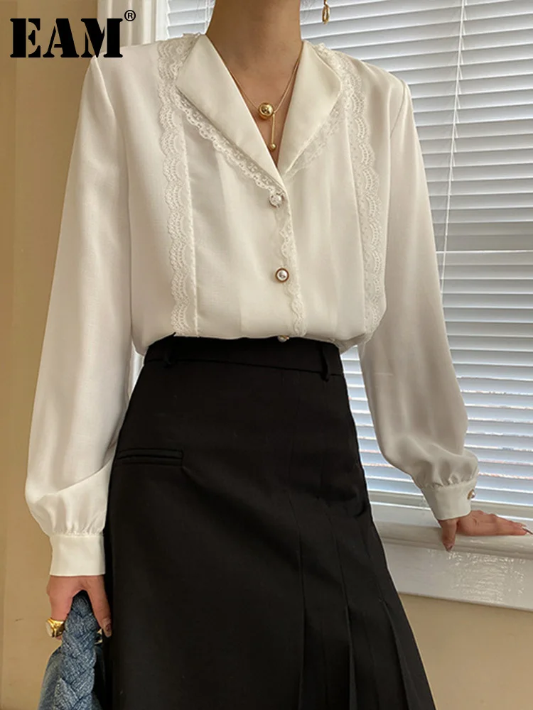 

[EAM] Женская белая кружевная Элегантная блузка большого размера, новая свободная рубашка с отворотом и длинным рукавом, модная весенне-осенн...