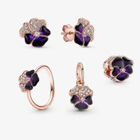 lr 2022 spring new rose gold dark purple pansy charm ring necklace earrings women charm jewelry set of jewelry
