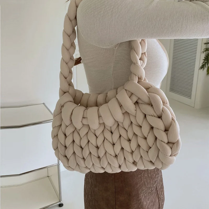 

New Vintage Women Canvas Shoulder Shopping Bag Korean Wool Knitted Woven Crossbody Bag for Woman 2022 Female Handbags Shopper