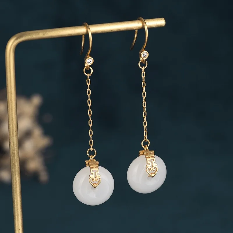 

Модные ювелирные изделия в китайском стиле, серьги из искусственного нефрита, длинные серьги с кисточками в китайском стиле, подвеска на ух...