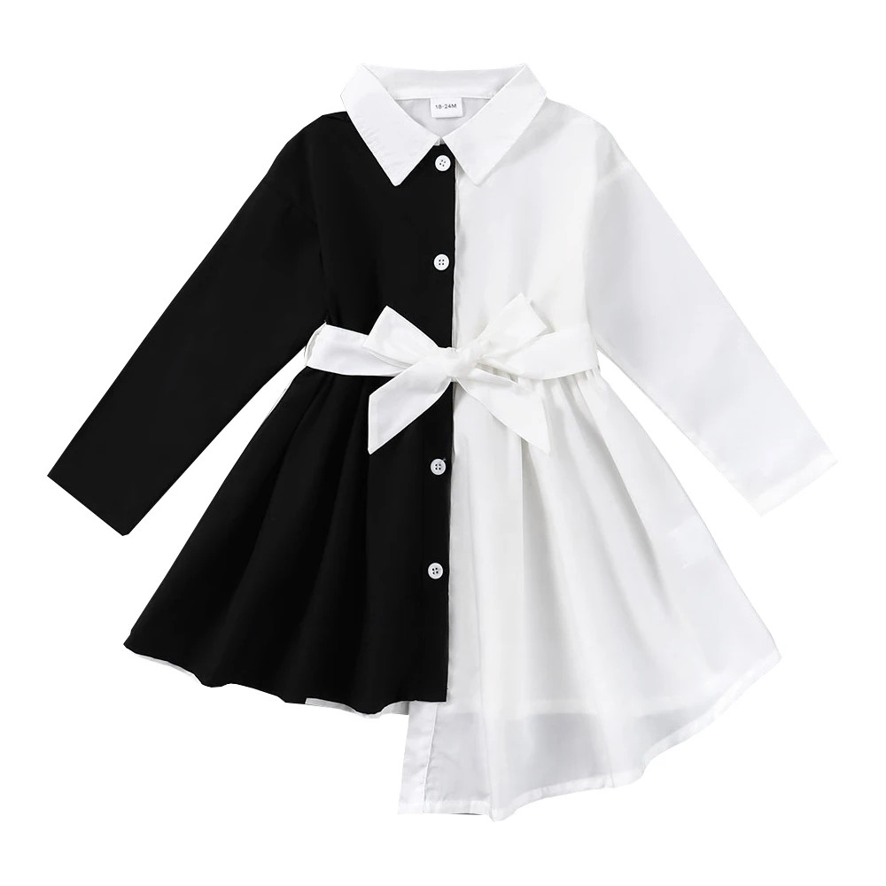 Girl Long Sleeve Contrast Irregularly Dresses with Bow Kids Patched Blouse  Party Children Clothing for Spring Summer Autumn