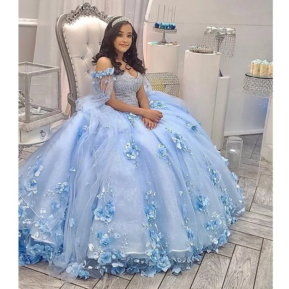 

Light Blue Handmade Flowers Ball Gown Quinceanera Dresses With Cape Off The Shoulder Lace Appliques Vestido De 15 16 Anos