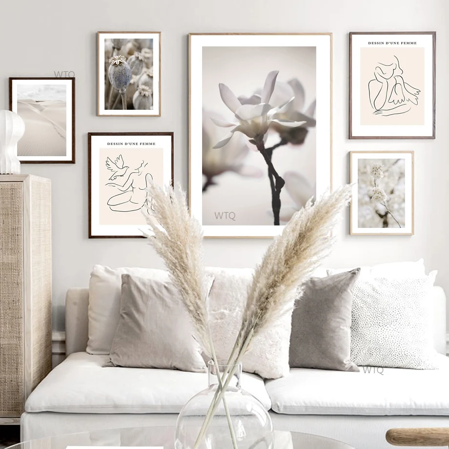 Магнолия Мак Цветок пустыня абстрактная линия женщина скандинавский постер