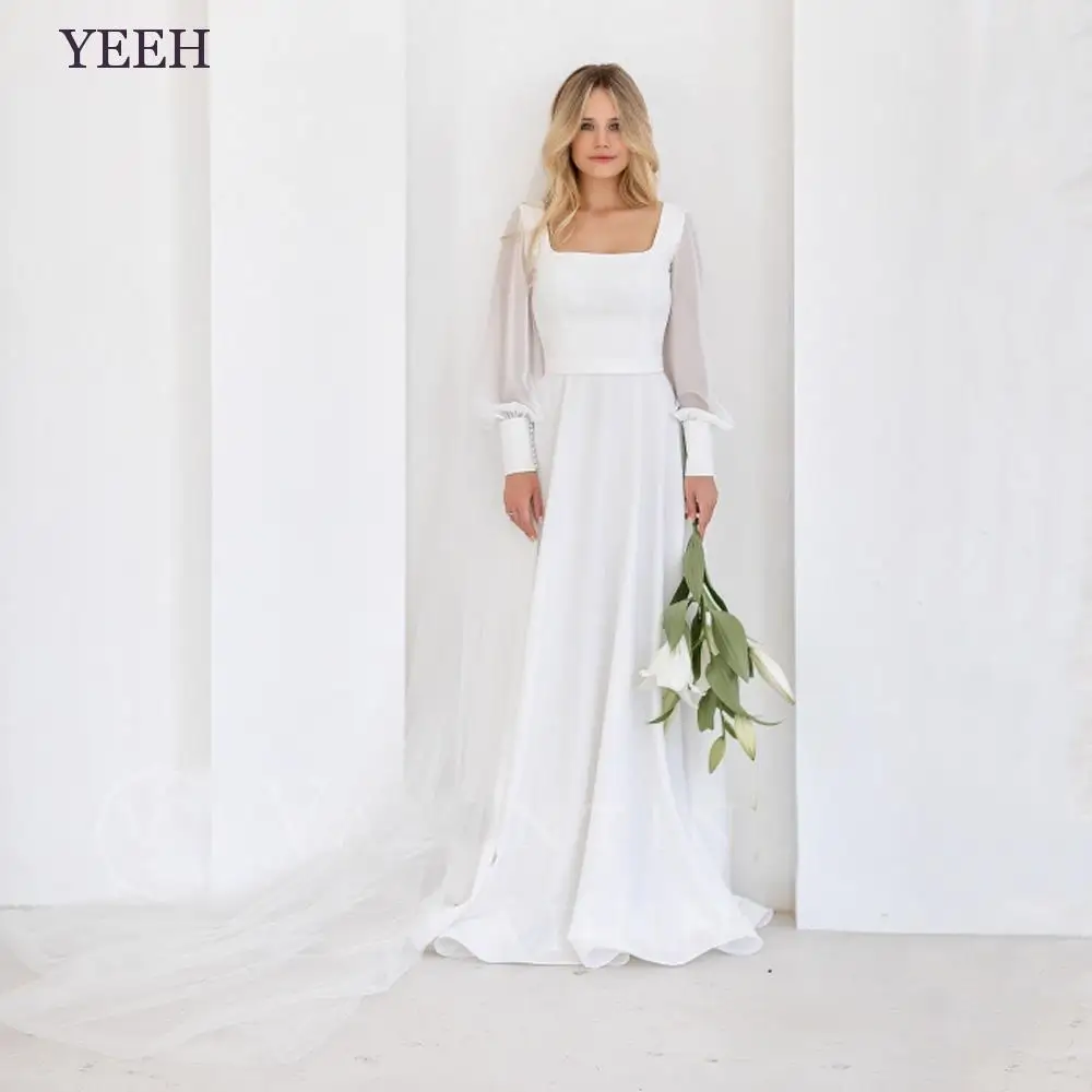 

YEEH Elegant Stain Wedding Dress For Women 2023 Simple Sqare Collar A-Line Long Sleeve Bridal Gown Floor Length Vestido De Novia