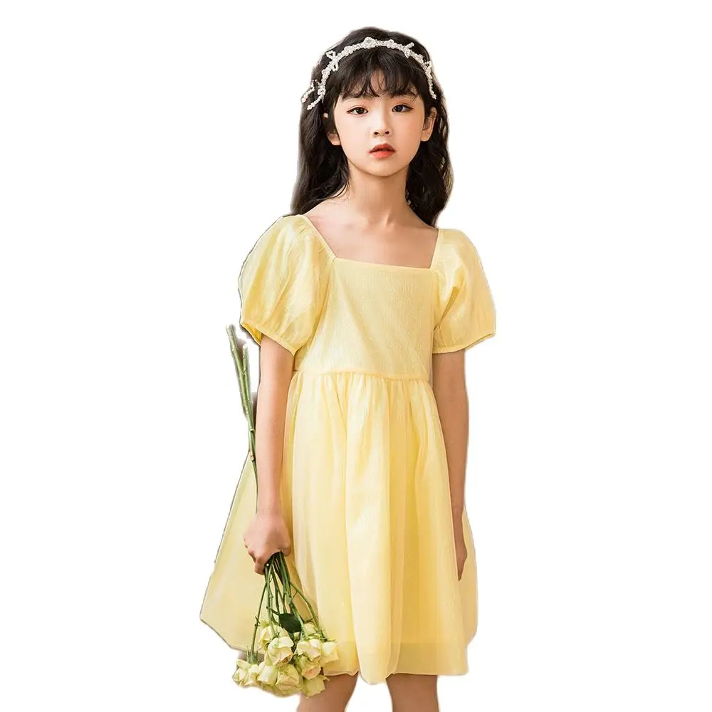 

Летние желтые платья средней длины для девочек-подростков; Короткий однотонный Детский сарафан принцессы с пышными рукавами; Школьное Повс...