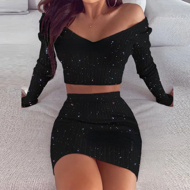Two Piece Set Women Sexy Club Outfits 2 Pieces Sequin Party Skirt Sets Summer 2022 Tracksuit Rave Suits Luxury Designer Clothing