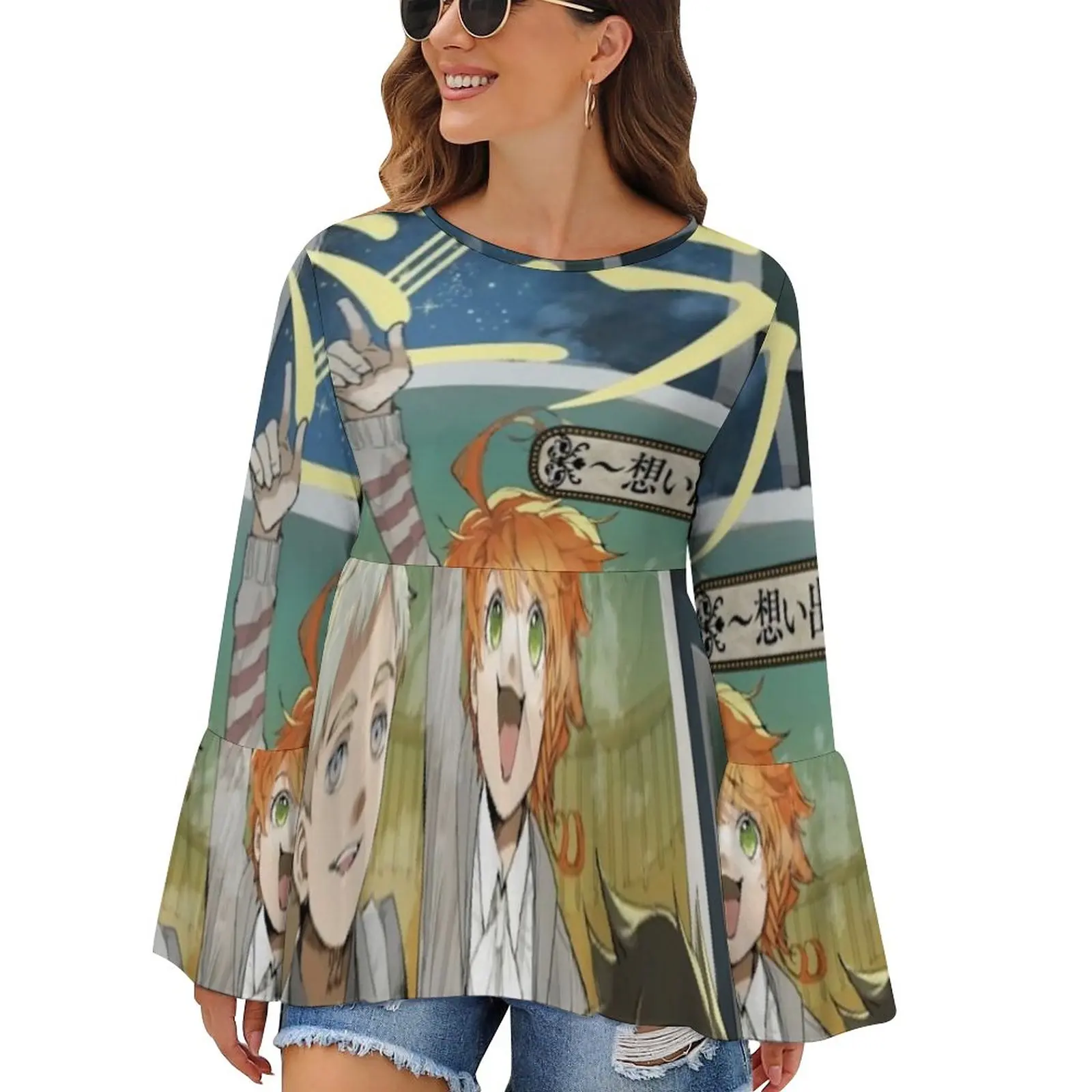 

Funny Japanese Anime T Shirts The Promised Neverland Street Fashion Long Sleeve T-Shirt Funny Tees O Neck Tops Big Size 4XL 5XL