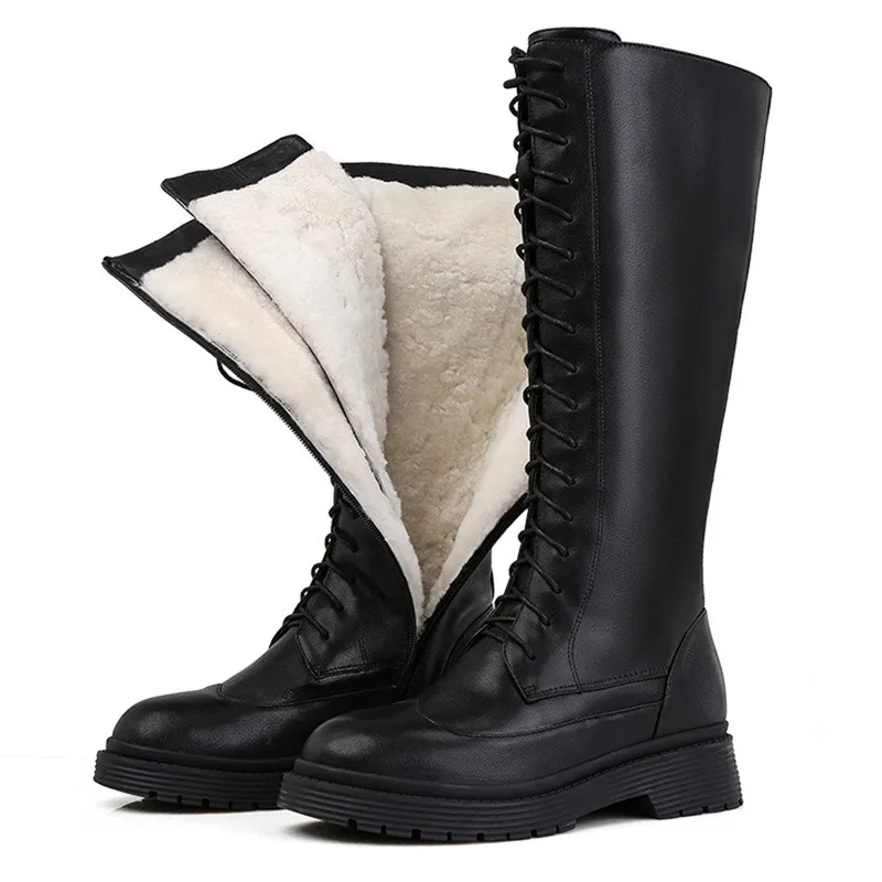 

, Shoes 2023 New Genuine Leather Boots Women Shoes Lace Up Warm Winter Boots Nature Sheep Wool Mid Calf Boots Ladies Botas