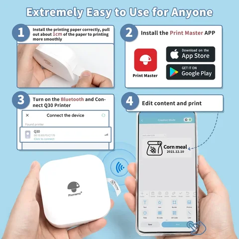 Phomemo Q30 Беспроводной принтер этикеток Принтер Bluethooth Карманный термопринтер для изготовления наклеек для этикеток Иврит Приложение Аналогично как Niimbot D110 D11