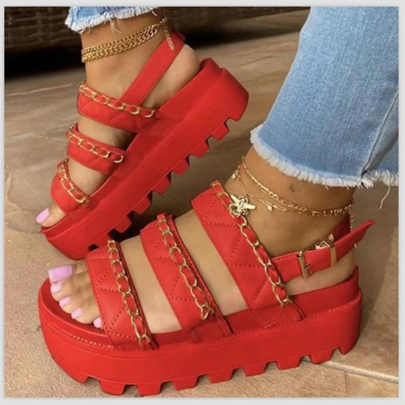 Platform high heels sandals Women's muffin heel round toe metal chain straight slope heel casual sandals women's sandals 2023