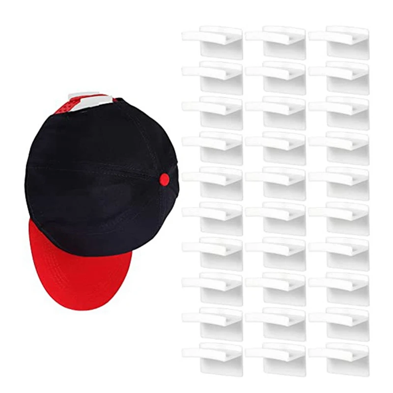 

White Adhesive Hat Hooks For Wall (30-Pcs) - Minimalist Hat Rack Design, No Drilling, Strong Hold Hat Hangers For Closet