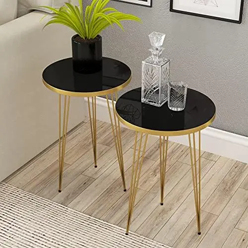 

HOME - Set of 2 High Gloss Black End Table - Round Sofa Side Coffee Tables for Small Spaces, Nightstand Bedside Table for Bedroo