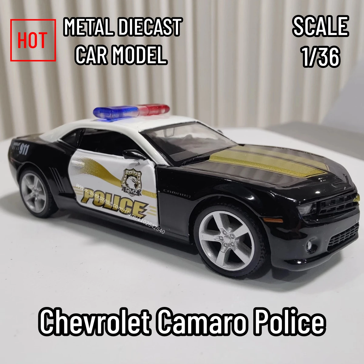 

1/36 Scale Car Model Chevrolet Camaro Police Replica Diecast Collection Vehicle Interior Decor Ornament Xmas Gift Kid Boy Toy