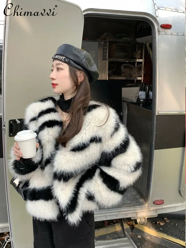

Fashion Zebra Print Fox Fur Short Furry Coat 2022 Winter Clothes High-End Long Sleeve Temperament Thickening Light Luxury Jacket