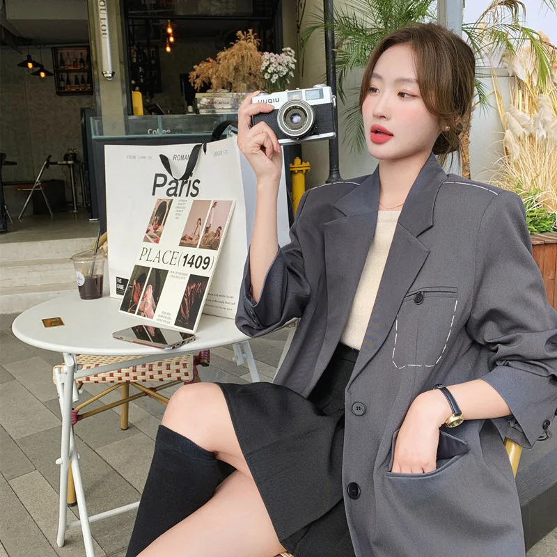 

Настоящий серый женский пиджак для весны и осени 2023, Новый Повседневный свободный облегающий маленький костюм в Корейском стиле, Топ
