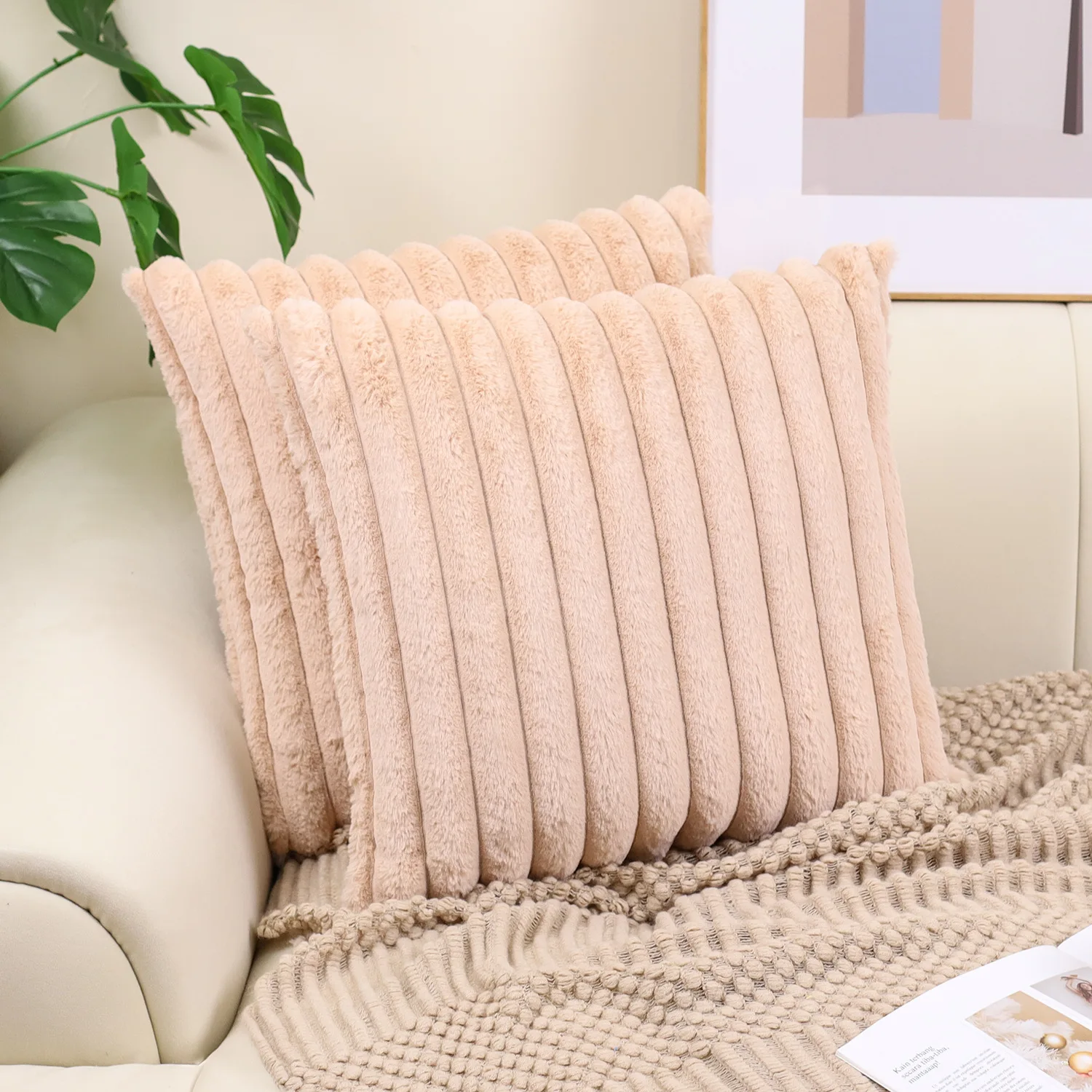 Зимняя плюшевая наволочка в большую полоску для гостиной простой диван теплая