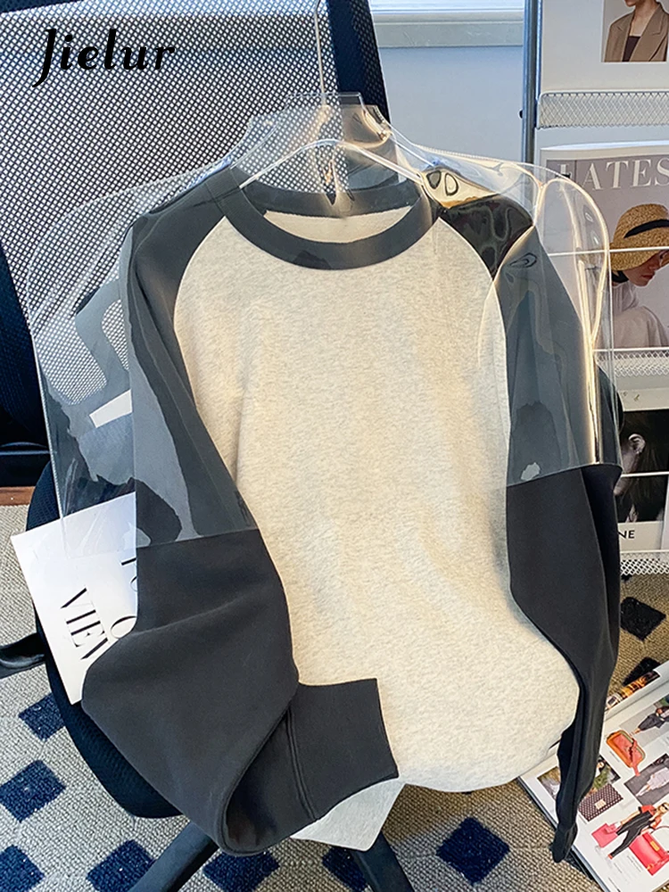 

Jielur Hit Color Patchwork Gray Women's T-Shirts Autumn Thin Hoodie Simple Basic Korean Tops Loose Long Sleeve Casual T Shirt