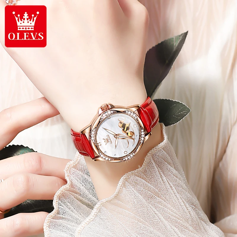OLEVS Fashion New Women Automatic Mechanical Watch Luxury Diamond Womens Watches Trend Red Waterproof Leather Strap Luminous enlarge