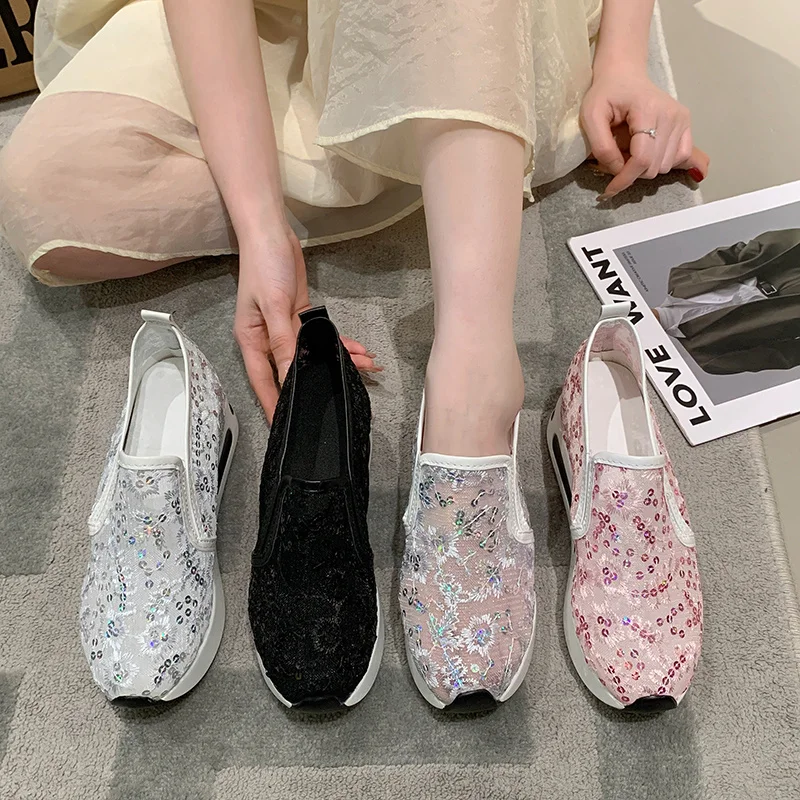 Platform Wedges women's Sneakers Floral Embroidery Mesh Sneakers For Women Slip On Casual Comfy Heeled Shoes Woman white size 42