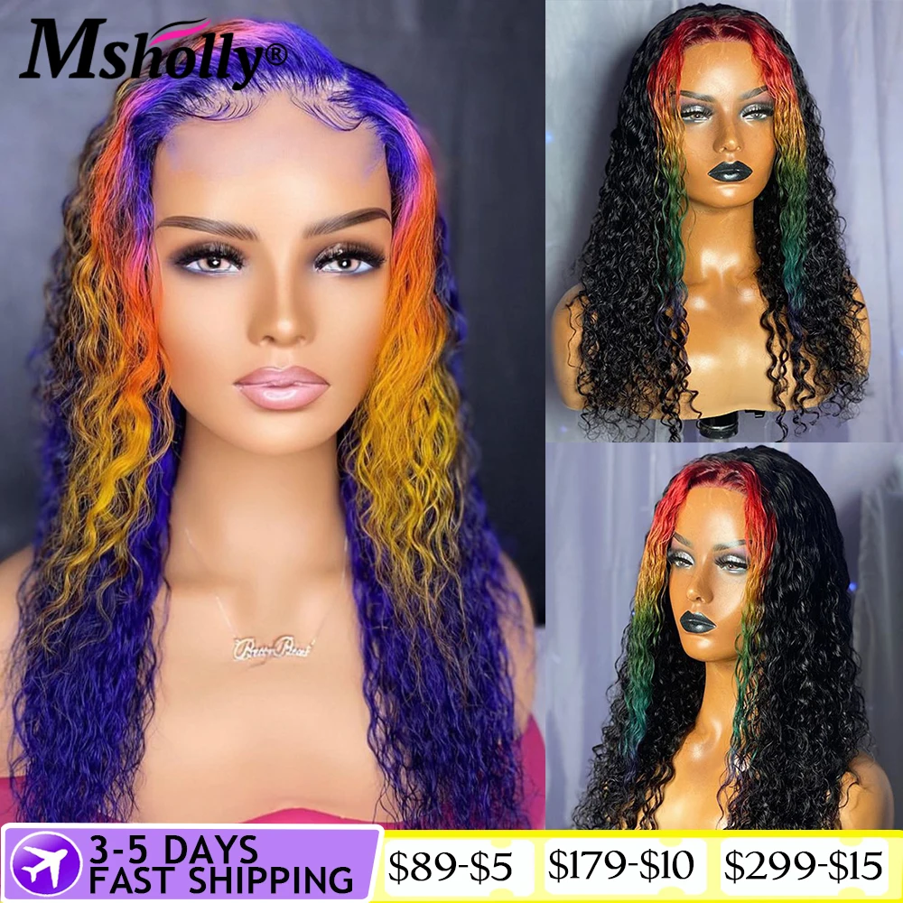 

Purple Highlight Curly Human Hair Wig 13x4 Transparent Lace Frontal Wig Glueless Colored Human Hair Wigs For Women Pre Plucked