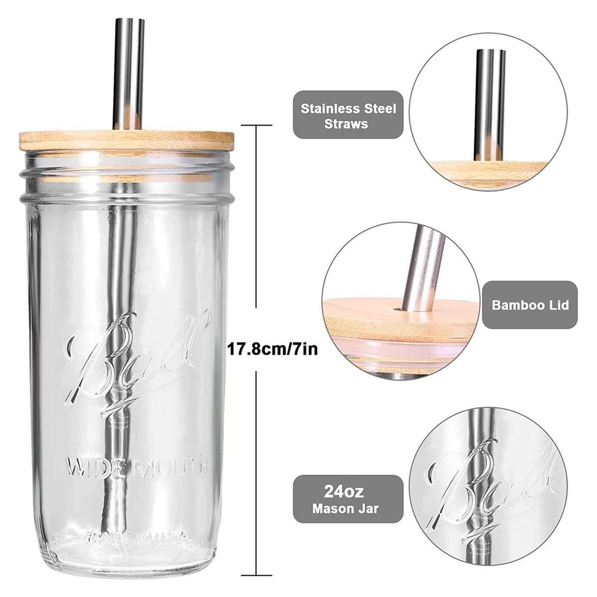 Повторно используемые стеклянные чашки для чая Boba Bubble Tea с крышкой из бамбука и нержавеющими стальными трубочками для стаканов для смузи.