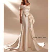 mermaid trumpet wedding dresses off shoulder sweep brush train satin short sleeve simple with bows vestido de fiesta de boda
