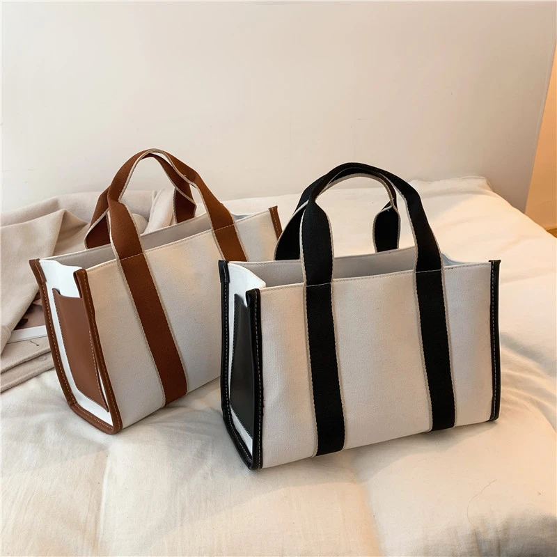 

Simple Striped Canvas Shoulder Bag Large Capacity Hit Color Tote Designer Ladies Casual Shopper Handbag Female Crossbody Bag