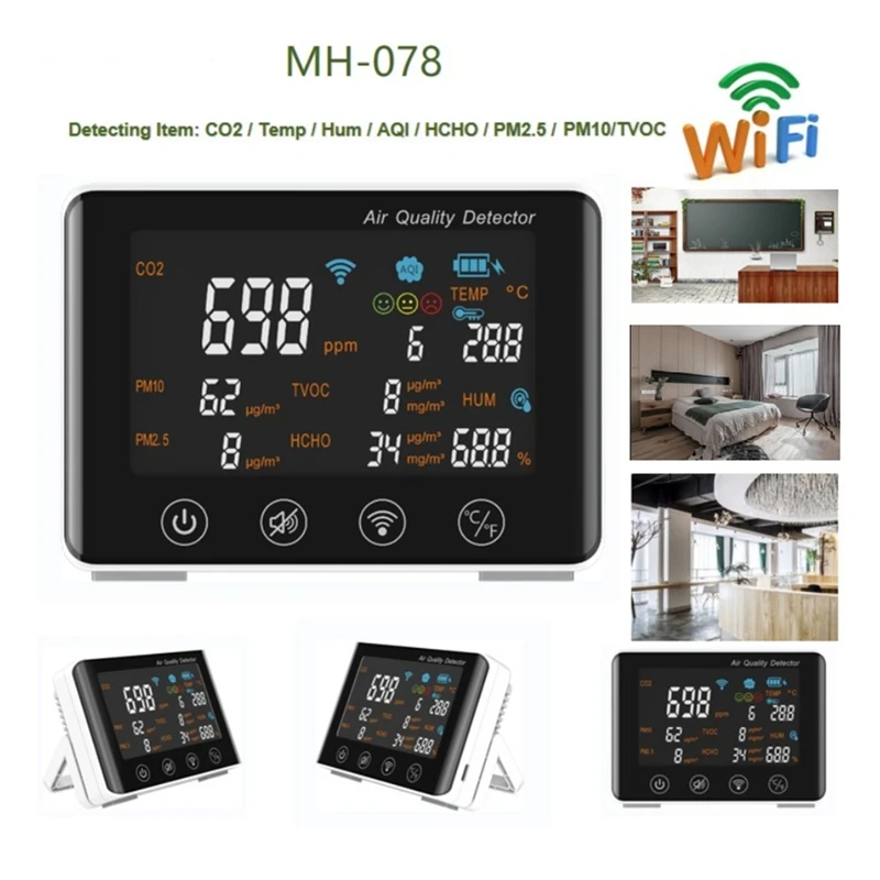 

1Set CO2/Temperature/ Humidity /AQI /HCHO /PM2.5 /PM10/TVOC For Home Portable White & Black Air Quality Detector