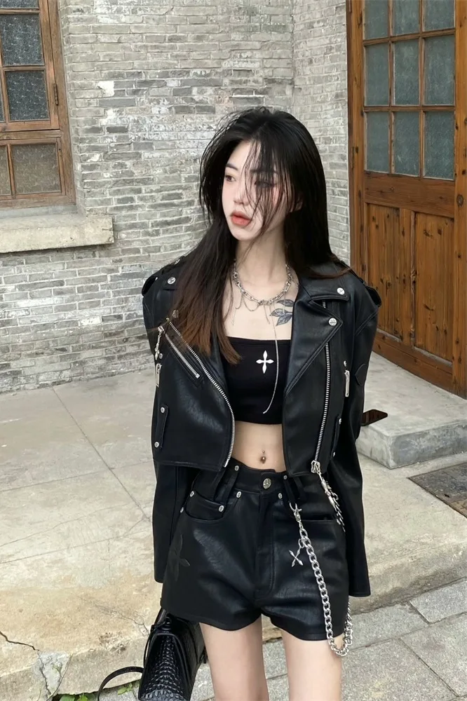 za fashion genuine leather sheepskin 2022 Spring Autumn Motorcycle Jacket Short Leather Suit Collar Jacket Slim Star same Casual