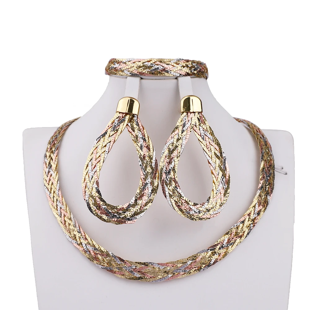 

Africa Daily Exquisite Colorful Weave Shape Necklace Earrings Bracelet Jewelry Set Wedding Bride Anniversary Party Accessories