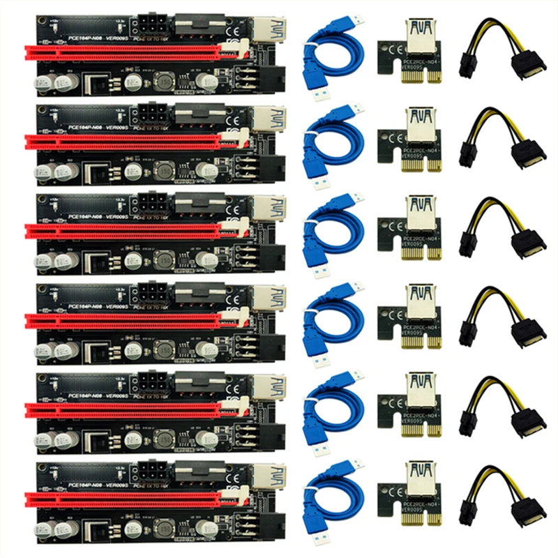 

6 шт., Райзер VER009 USB 3,0 PCI-E, Райзер VER 009S Express 1X 4x 8x 16x, Райзер-адаптер, карта SATA, 15 контактов на 6 контактов, кабель питания