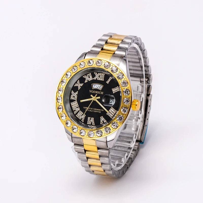 

2022 VODRICH Luxury Designer Gold Men Quartz Watch Luxury Diamond Gold Daydate Men Women Alloy Quartz Watch Gifts