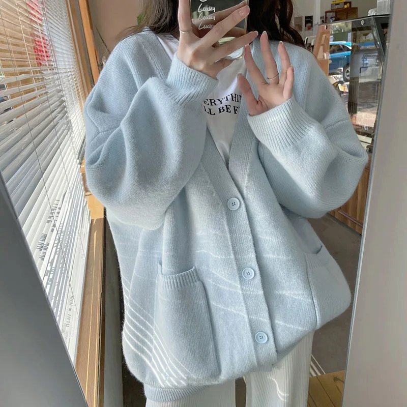 

Женский трикотажный кардиган с большими карманами, голубой или Розовый однобортный Кардиган с V-образным вырезом и длинным рукавом, трикота...