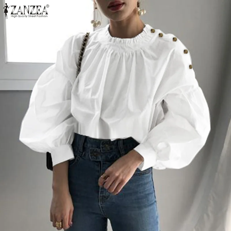 

Fashion Solid Blouse Women Baggy Long Lantern Sleeve Shirt ZANZEA Casual O Neck Ruffle OL Chemise Office Work Button Tunic Tops
