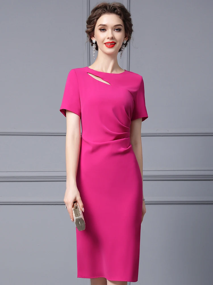 Elegant Chic Summer Women's Dress Party Formal Occasion Vestidos De Fiesta 2023 New Ruched Simple Rose Red Office Robes