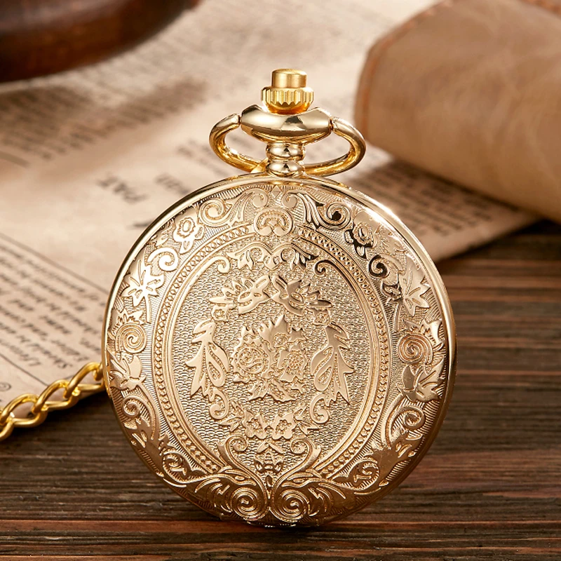 

Antique Steampunk Vintage Arabic Numerals Quartz Pocket Watch Floral Pattern Case Necklace Pendant Clock Chain Men Women