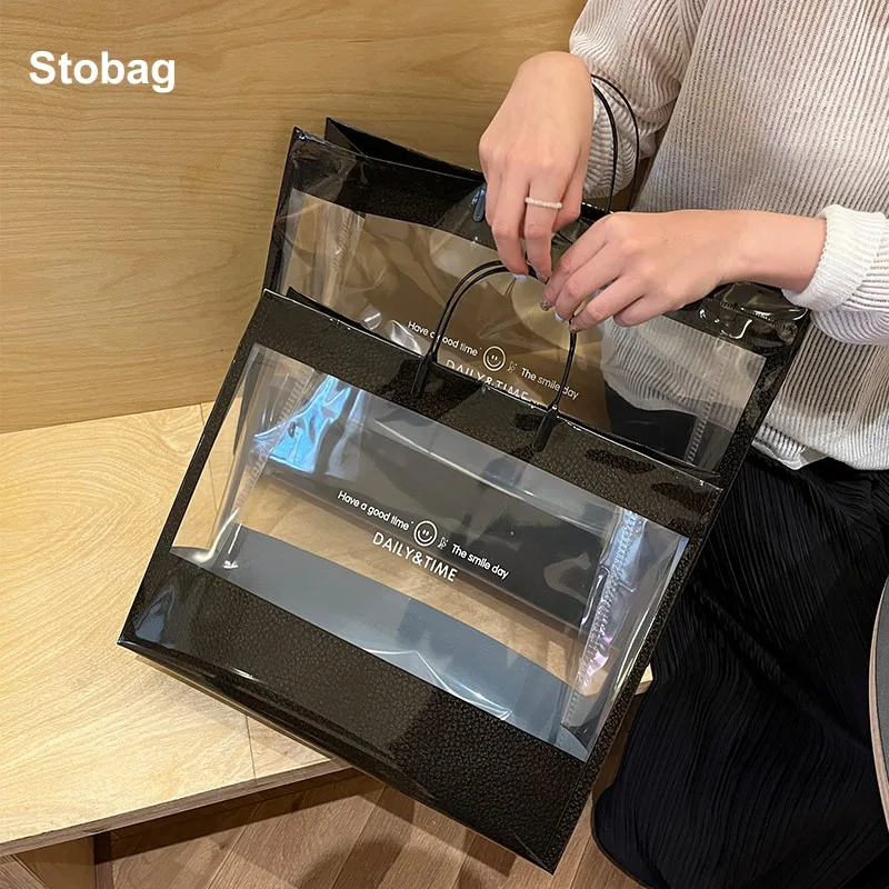 

StoBag 10pcs Shopping Tote Bag Shoulder Plastic Clear Fashion Gift Packaging Wedding Pouches Portable Custom Logo(Extra Fee)