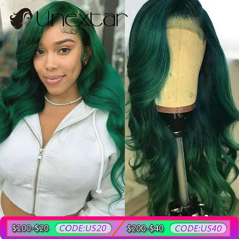 Dark Green 13x4 Transparent Lace Front Human Hair Wig 200% Body Wave With Baby Hair Water Wave Lace Frontal Hair For Women