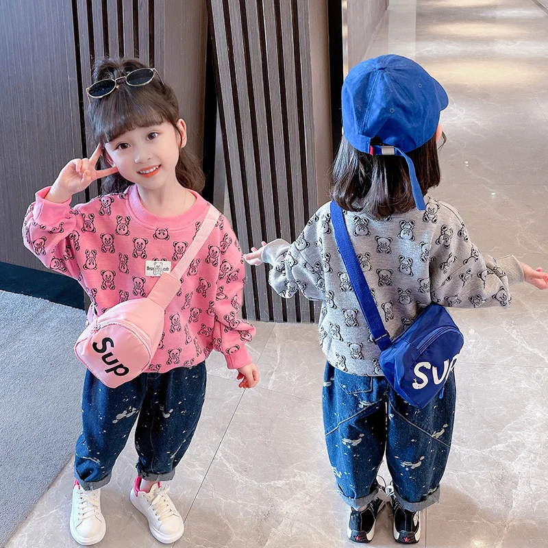 

Новый комплект из свитшота для мальчиков и девочек, детские милые джинсовые топы с принтом и сумки, 3 предмета, весенне-осенняя одежда для младенцев, модная женская одежда